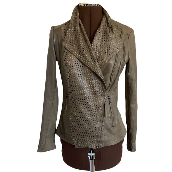 Bano eeMee Olive Leather Moto Jacket - Picture 1 of 11